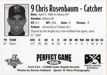 2008 Perfect Game Cedar Rapids Kernels #14 Chris Rosenbaum Back