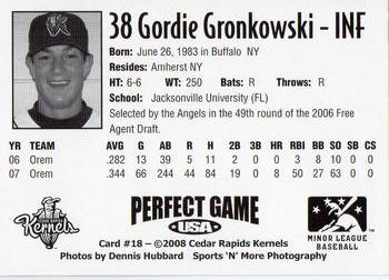 2008 Perfect Game Cedar Rapids Kernels #18 Gordie Gronkowski Back