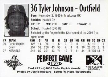 2008 Perfect Game Cedar Rapids Kernels #22 Tyler Johnson Back