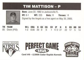2006 Perfect Game Cedar Rapids Kernels #8 Tim Mattison Back
