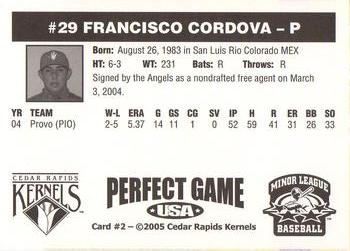 2005 Perfect Game Cedar Rapids Kernels #2 Francisco Cordoba Back