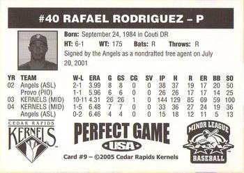 2005 Perfect Game Cedar Rapids Kernels #9 Rafael Rodriguez Back
