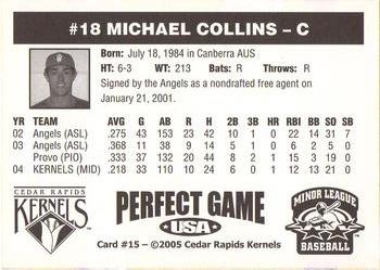 2005 Perfect Game Cedar Rapids Kernels #15 Michael Collins Back