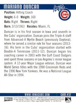 2017 Choice Iowa Cubs #32 Mariano Duncan Back