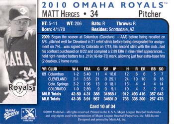 2010 MultiAd Omaha Royals #10 Matt Herges Back