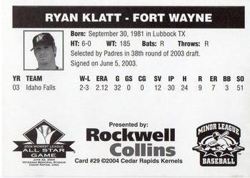2004 Rockwell Collins Midwest League All-Stars #29 Ryan Klatt Back