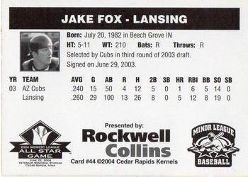 2004 Rockwell Collins Midwest League All-Stars #44 Jake Fox Back