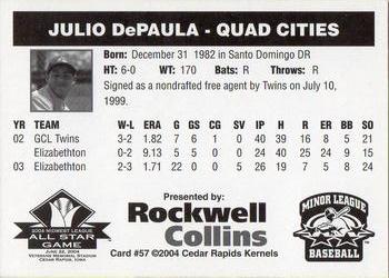 2004 Rockwell Collins Midwest League All-Stars #57 Julio DePaula Back