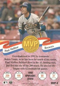 1993 Donruss - MVPs #MVP-4 Paul Molitor Back