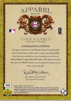 2007 Upper Deck Artifacts - MLB Apparel Gold #MLB-CH Cole Hamels Back