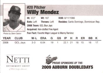 2009 Auburn Doubledays #NNO Willy Mendez Back