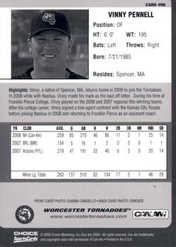 2009 Choice Worcester Tornadoes #6 Vinny Pennell Back