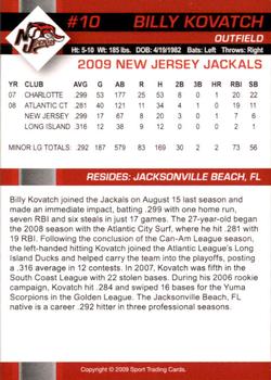 2009 New Jersey Jackals #NNO Billy Kovatch Back
