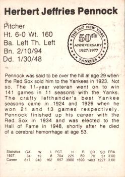 1977 TCMA 1927 New York Yankees 50th Anniversary #NNO Herb Pennock Back