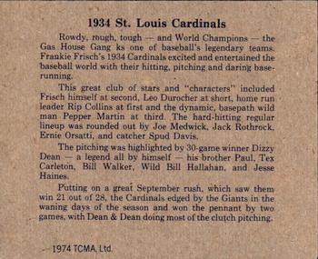 1974 TCMA 1934 St. Louis Cardinals Graybacks #NNO Dizzy Dean / Leo Durocher Back