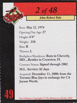 2002 Baltimore Orioles Program Cards #2 John Bale Back