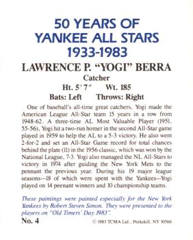 1983 TCMA 50 Years of New York Yankees All-Stars Large #4 Yogi Berra Back