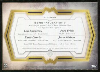 2020 Topps Transcendent Collection Hall of Fame Edition - HOF Induction Class Cut Signatures #HOF-BCFH Lou Boudreau / Earle Combs / Ford Frick / Jesse Haines Back
