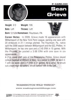 2010 Choice Washington Wild Things #3 Sean Grieve Back