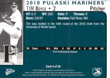 2010 MultiAd Pulaski Mariners #3 Tim Boyce Back