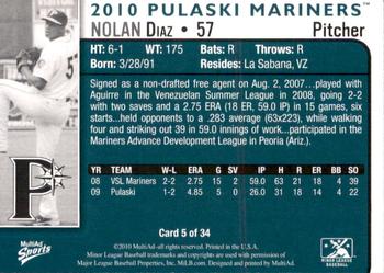 2010 MultiAd Pulaski Mariners #5 Nolan Diaz Back