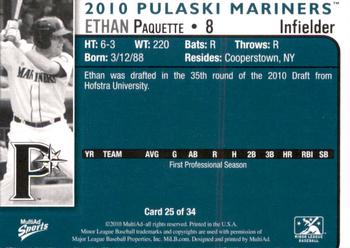 2010 MultiAd Pulaski Mariners #25 Ethan Paquette Back