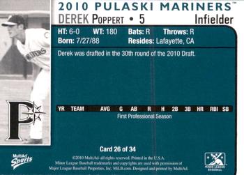 2010 MultiAd Pulaski Mariners #26 Derek Poppert Back