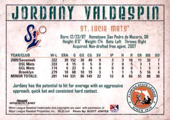 2010 Grandstand Florida State League Top Prospects #24 Jordany Valdespin Back