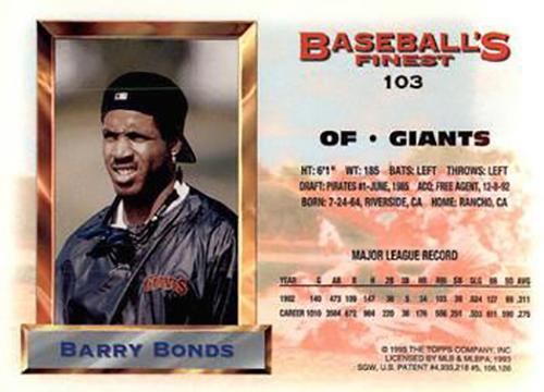 1993 Finest - All-Stars Jumbo #103 Barry Bonds Back
