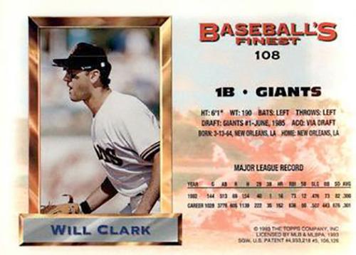 1993 Finest - All-Stars Jumbo #108 Will Clark Back