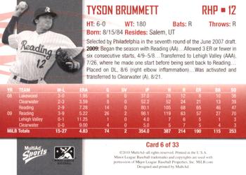 2010 MultiAd Reading Phillies #6 Tyson Brummett Back
