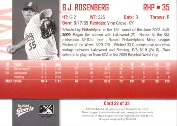 2010 MultiAd Reading Phillies #22 B.J. Rosenberg Back