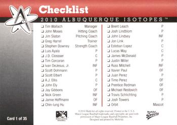 2010 MultiAd Albuquerque Isotopes #1 Checklist Back