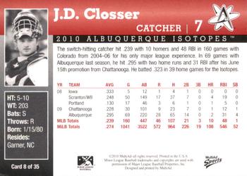 2010 MultiAd Albuquerque Isotopes #8 J.D. Closser Back