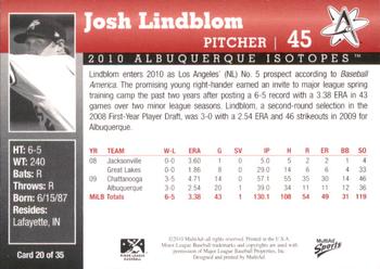 2010 MultiAd Albuquerque Isotopes #20 Josh Lindblom Back