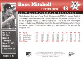 2010 MultiAd Albuquerque Isotopes #27 Russ Mitchell Back