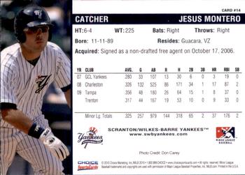 2010 Choice Scranton/Wilkes-Barre Yankees #14 Jesus Montero Back