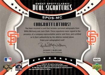 2007 Upper Deck Sweet Spot Classic - Dual Signatures Black Stitch Red Ink #SPDS-MC Willie McCovey / Jack Clark Back