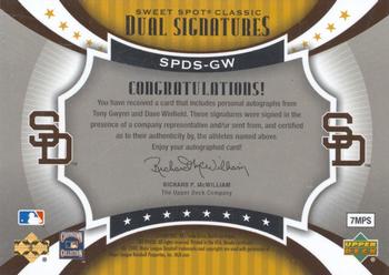 2007 Upper Deck Sweet Spot Classic - Dual Signatures Gold Stitch Black Ink #SPDS-GW Tony Gwynn / Dave Winfield Back