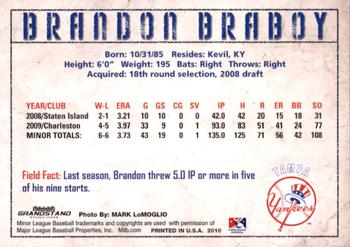 2010 Grandstand Tampa Yankees #NNO Brandon Braboy Back