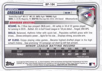 2020 Bowman - Prospects #BP-104 Jordan Groshans Back