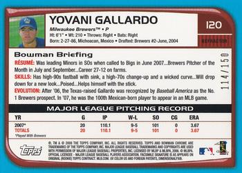 2008 Bowman Chrome - Blue Refractors #120 Yovani Gallardo Back