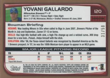 2008 Bowman Chrome - Gold Refractors #120 Yovani Gallardo Back
