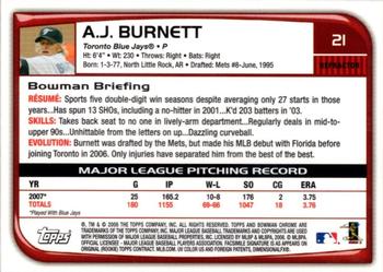 2008 Bowman Chrome - Refractors #21 A.J. Burnett Back