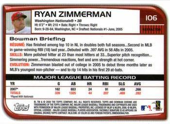 2008 Bowman Chrome - Refractors #106 Ryan Zimmerman Back
