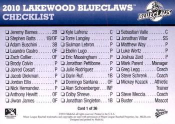 2010 MultiAd Lakewood BlueClaws #1 Header Card Back