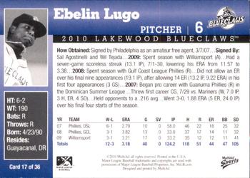 2010 MultiAd Lakewood BlueClaws #17 Ebelin Lugo Back