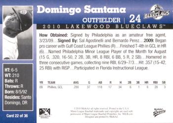 2010 MultiAd Lakewood BlueClaws #22 Domingo Santana Back