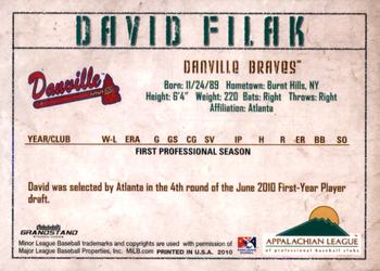 2010 Grandstand Appalachian League Top Prospects #NNO David Filak Back