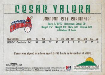 2010 Grandstand Appalachian League Top Prospects #NNO Cesar Valera Back